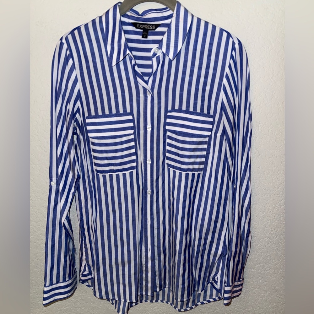 Express Button Up Shirt Blue and White Stripes Small